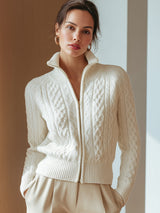 Cardigan Bianco con Cerniera a Treccia