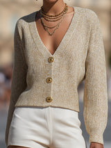 Cardigan in maglia con bottoni e filo dorato color beige champagne